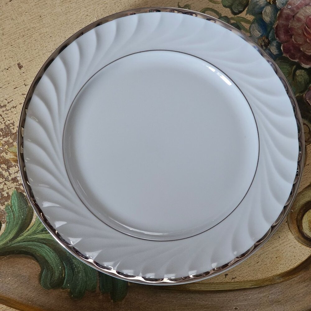 Heirloom Fine China White Plate Silver Trim Swirl Design Vintage 8-Inch Bread